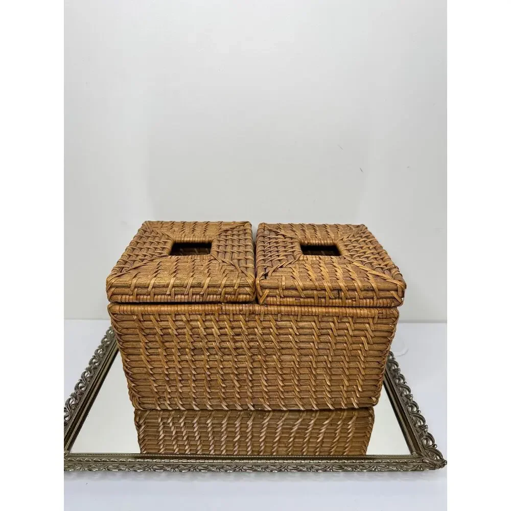 Vintage Boho Rectangular Wicker Storage Basket With Double Bins And Lids, Vintag